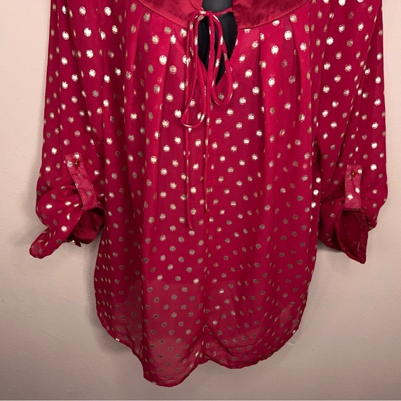 NEW 1X NY Collection Red Gold Polka Dot Blouse Peasant Roll Tab Sleeve Plus - Picture 6 of 15